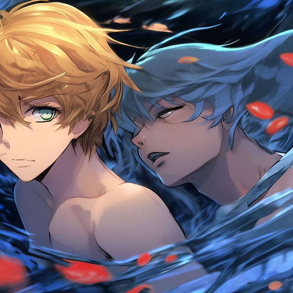 Manga style, art, full-length, guy with golden hair and blue eyes ...