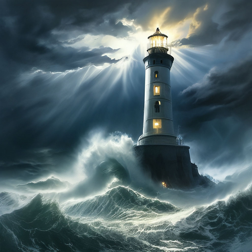 A tall beautiful lighthouse shines in a raging sea, a storm, big high ...