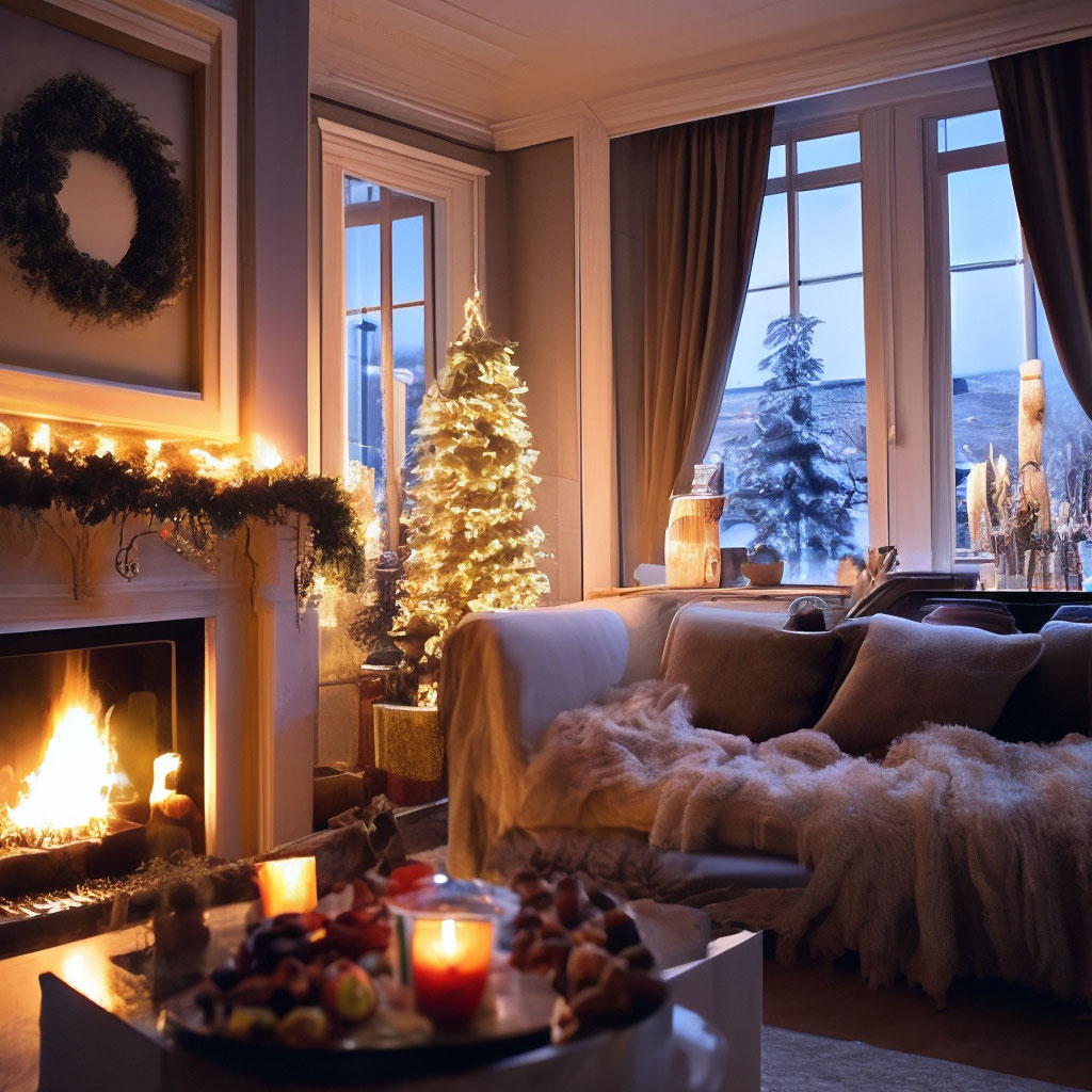 "The interior of the room is decorated in a New Year's way there is a ...