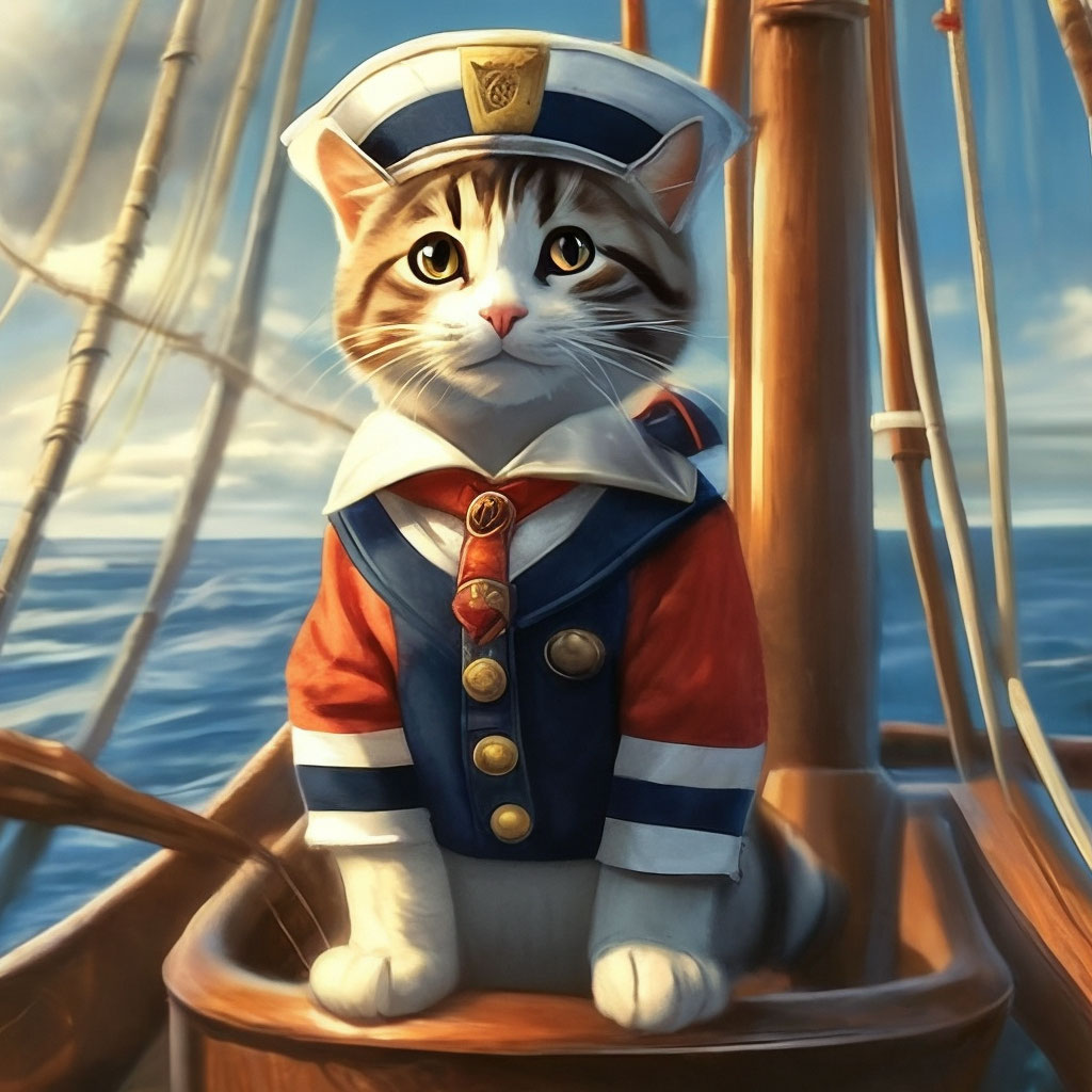 "A cat in a sailor suit stands on its hind legs at the helm" — image ...