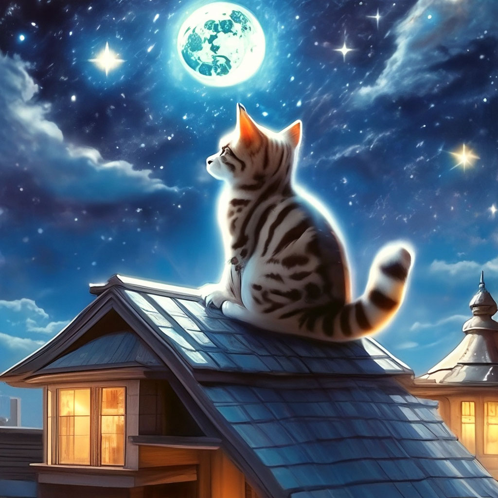"The moon cat sits on the roof of the house and looks at the night ...