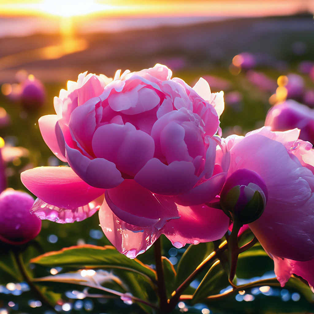"Peonies in the rain, a field of bright pink peonies,the sun sets in ...