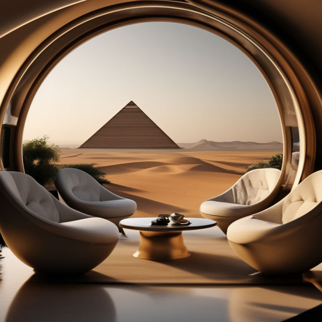 "Designer living interior of a capsule apartment flying over the desert ...
