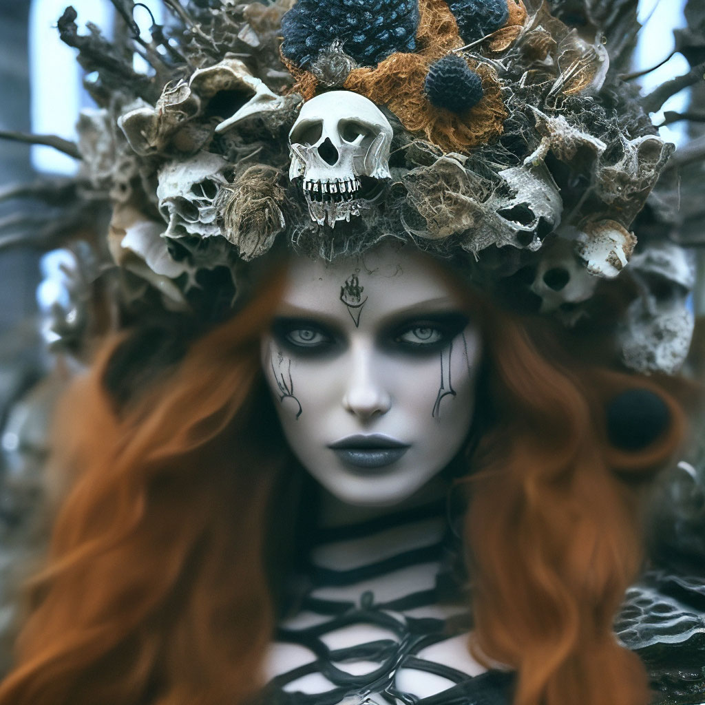 "Sorceress, absolutely black eye sockets, a wreath embroidered with ...