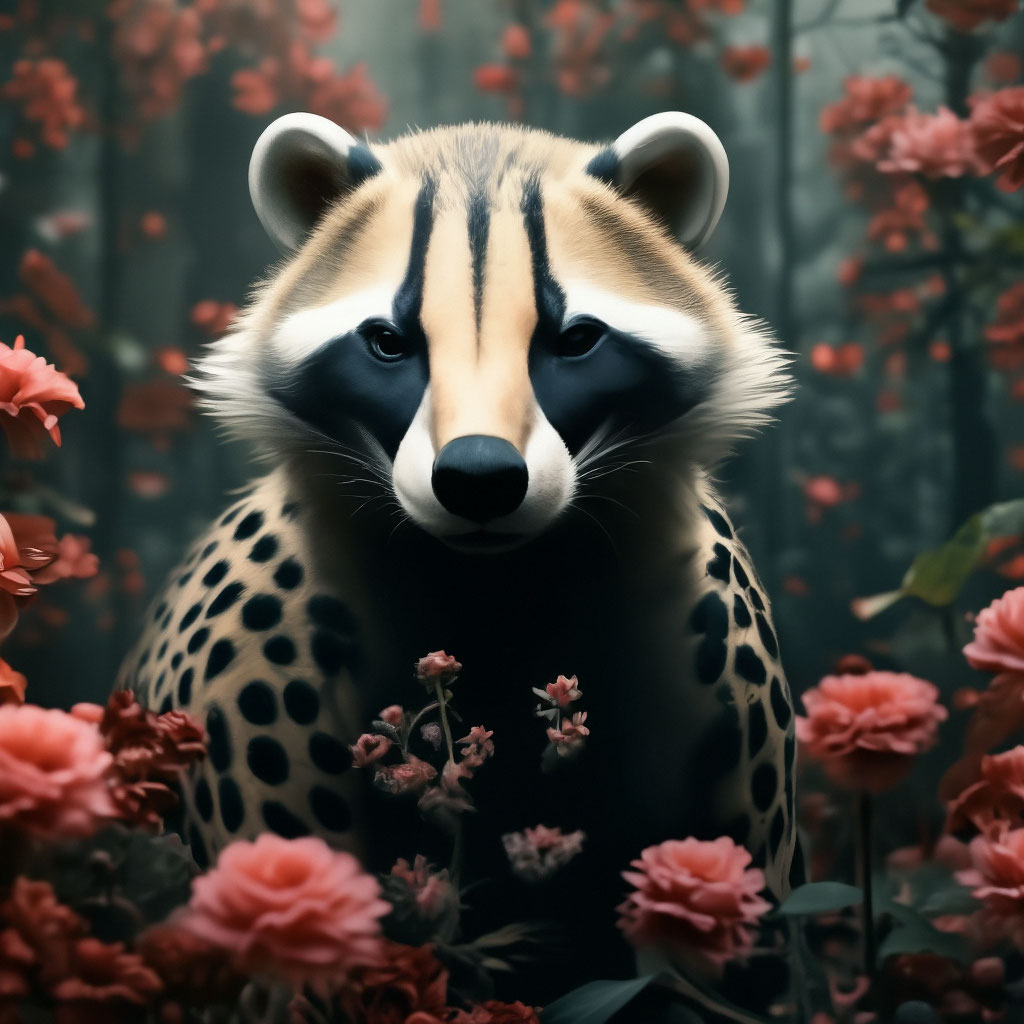 "A hybrid of a badger and a cheetah in a blooming garden, detailing ...