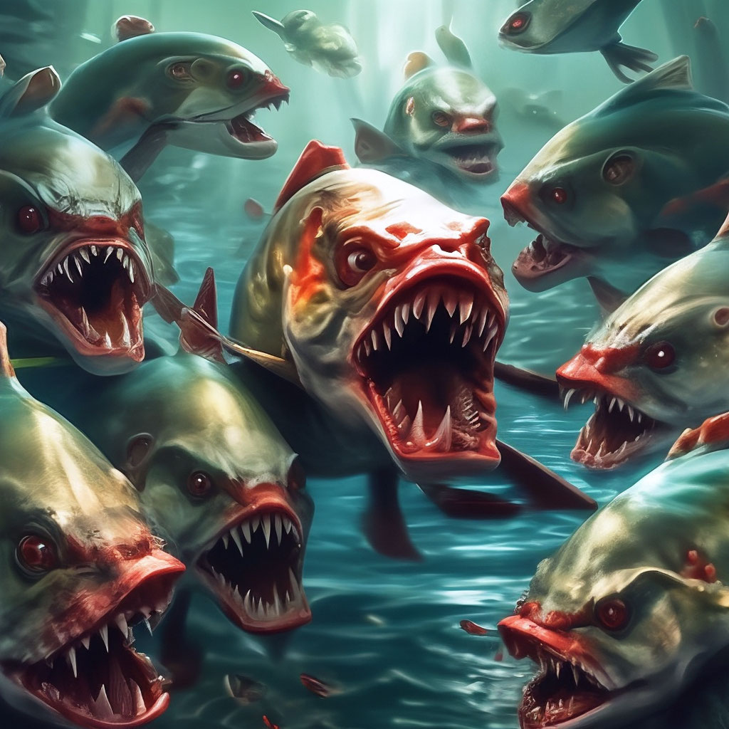 "Piranhas attack" — image created in Shedevrum