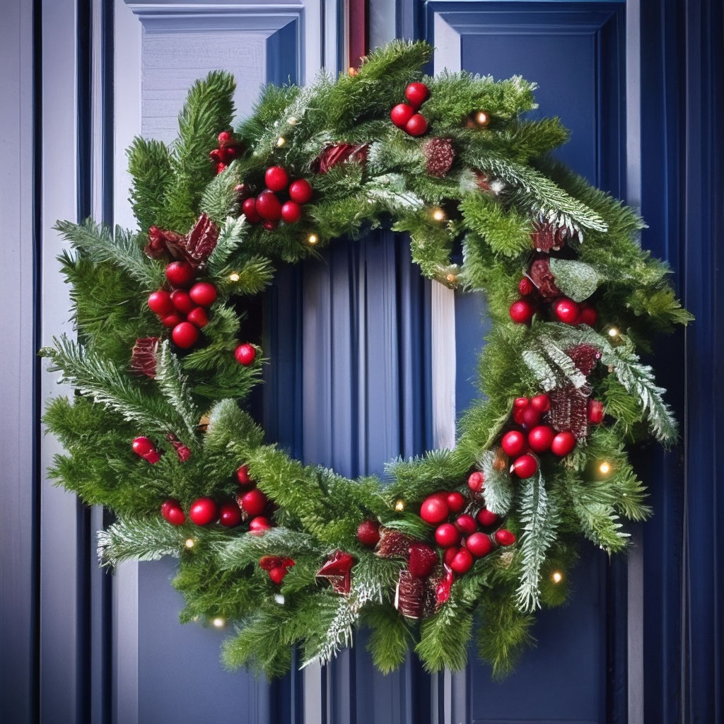 "Christmas wreath on the door made of fir branches, beautiful ...