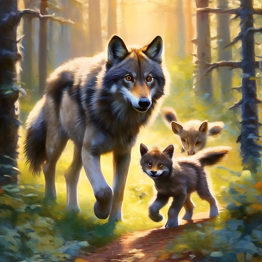 "A little wolf cub is walking through the forest with his mom and dad ...