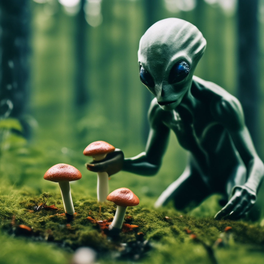 "An alien collects mushrooms in the forest" — image created in Shedevrum