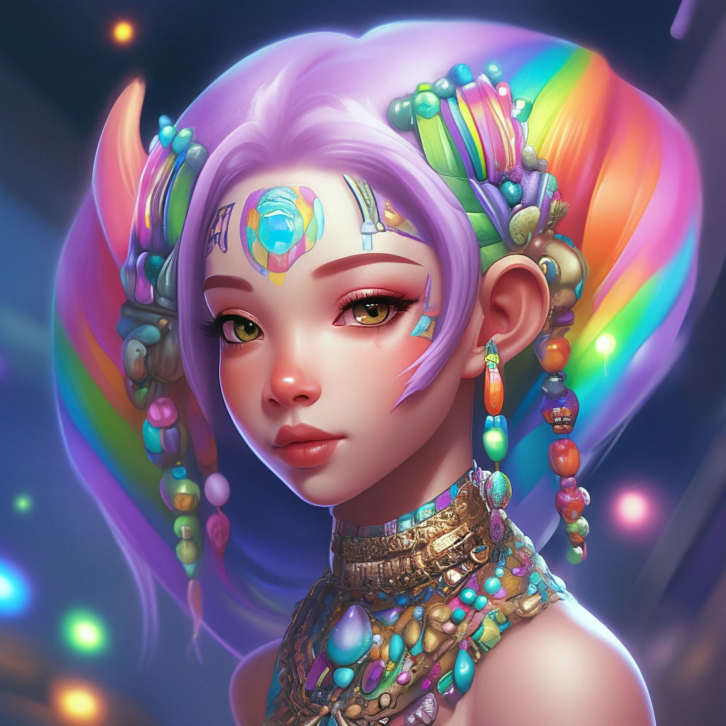 "An alien girl with ornaments on lilac skin and multicolored rainbow ...