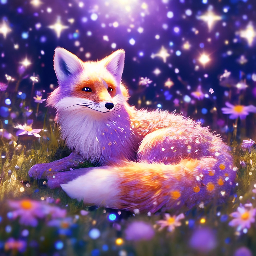 Nine-tailed fox, fox, purple, fluffy, cute, in the meadow, lying in the ...