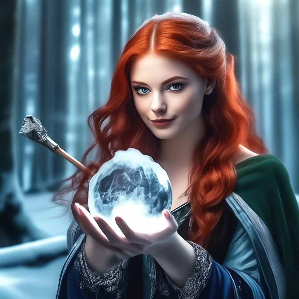 "A beautiful magician girl with a staff and red hair conjures an ice ...