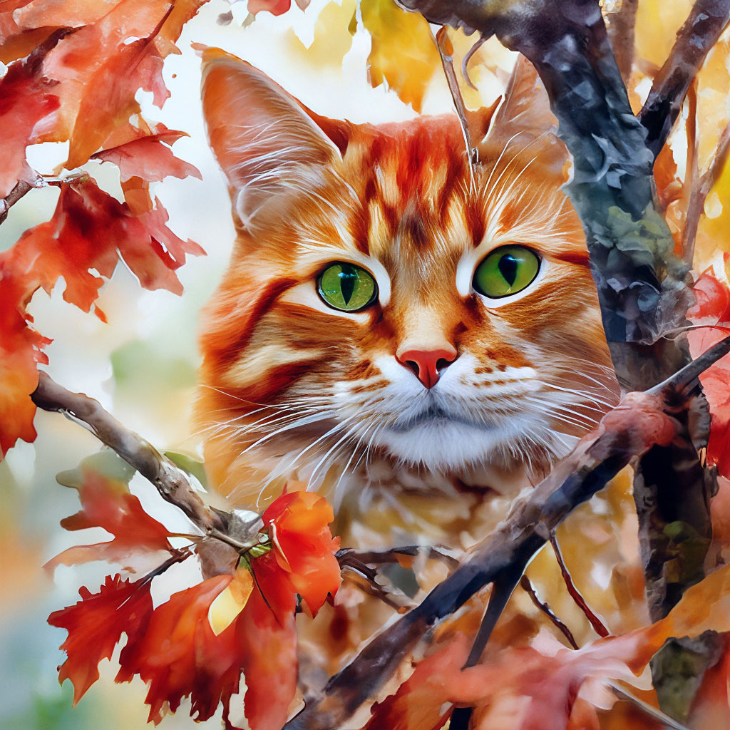 "Watercolor, a red cat peeks out from behind the leaves on an autumn ...