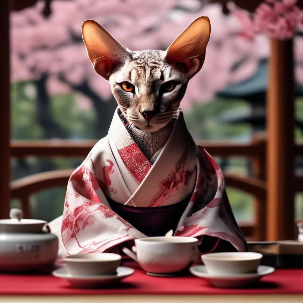 "A sphinx cat in a kimono at a tea ceremony. Gazebo, sakura, cups ...
