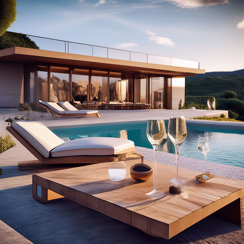 "Villa , swimming pool, two sun loungers , a table , there is a bottle ...