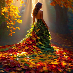 «Digital art, a girl in a long dress made of a swirl of autumn red ...