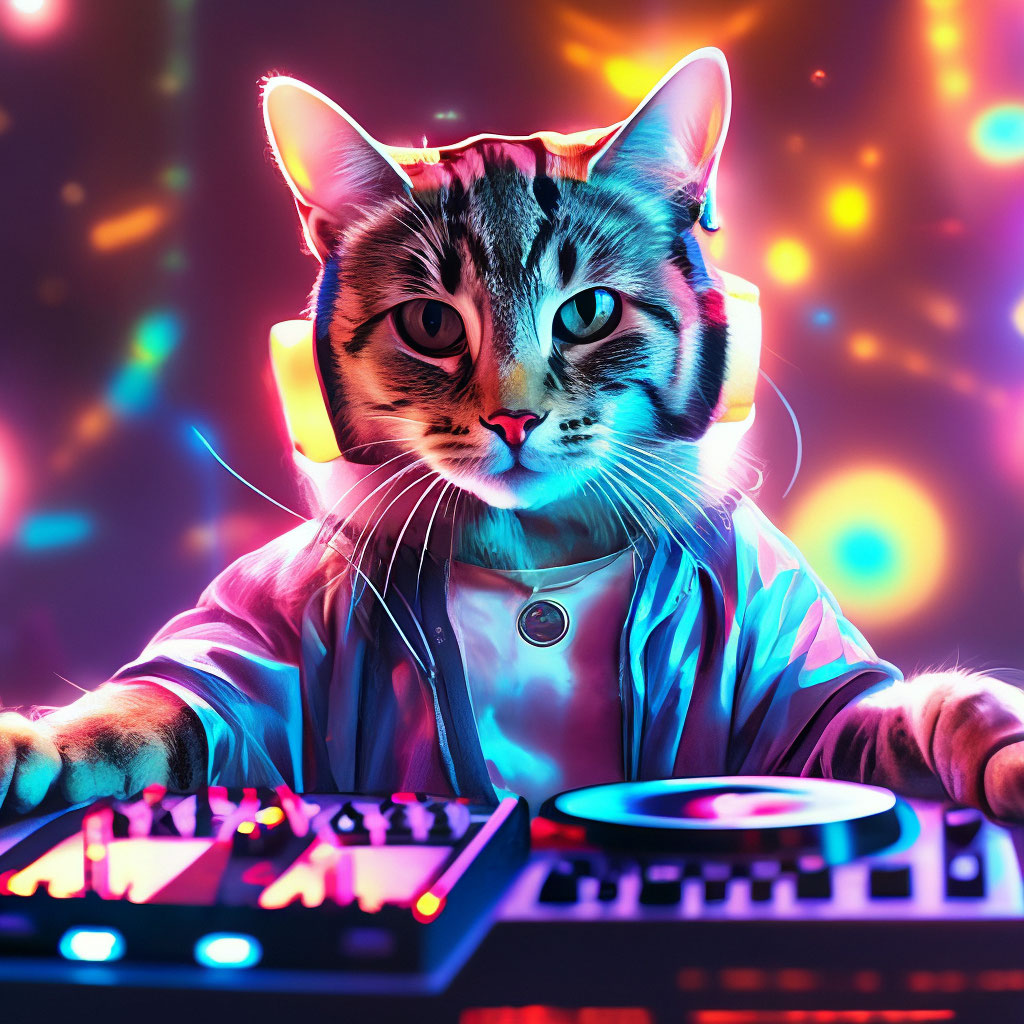 "A beautiful realistic 4K cat DJ behind a DJ controller plays in the ...