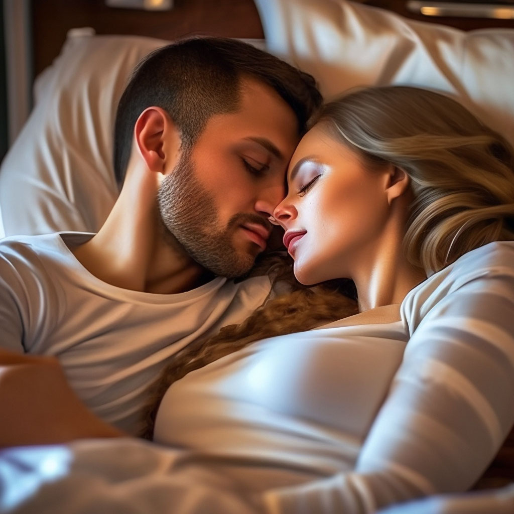 Сексуальный мужчина на кровати с мягкими подушками в спальне
