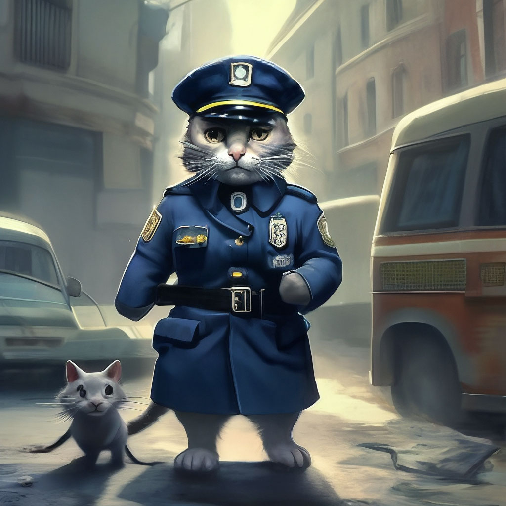 "A police cat caught a mouse thief" — image created in Shedevrum
