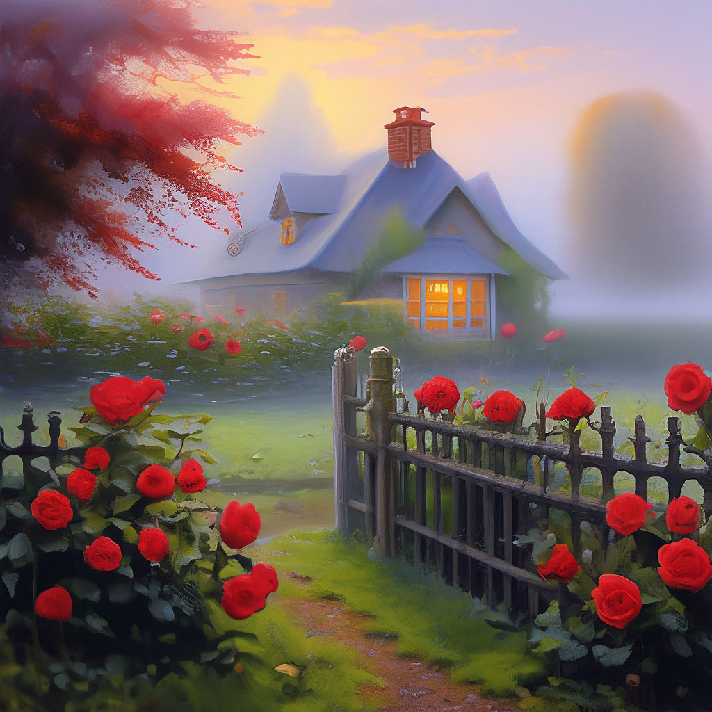  Garden house fence roses field Fog Drops Leaves Image Created 