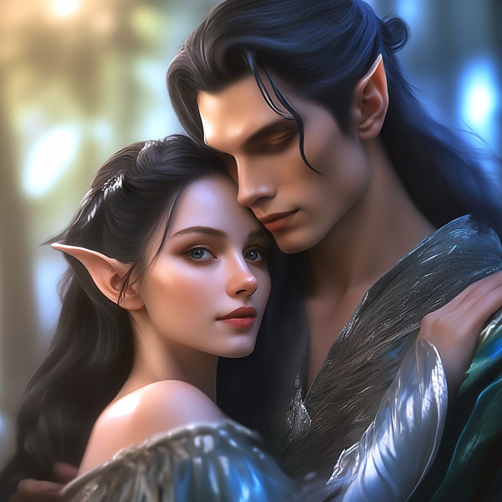 "An elf couple is in love,high detail,hyperrealism,32k, a girl with ...