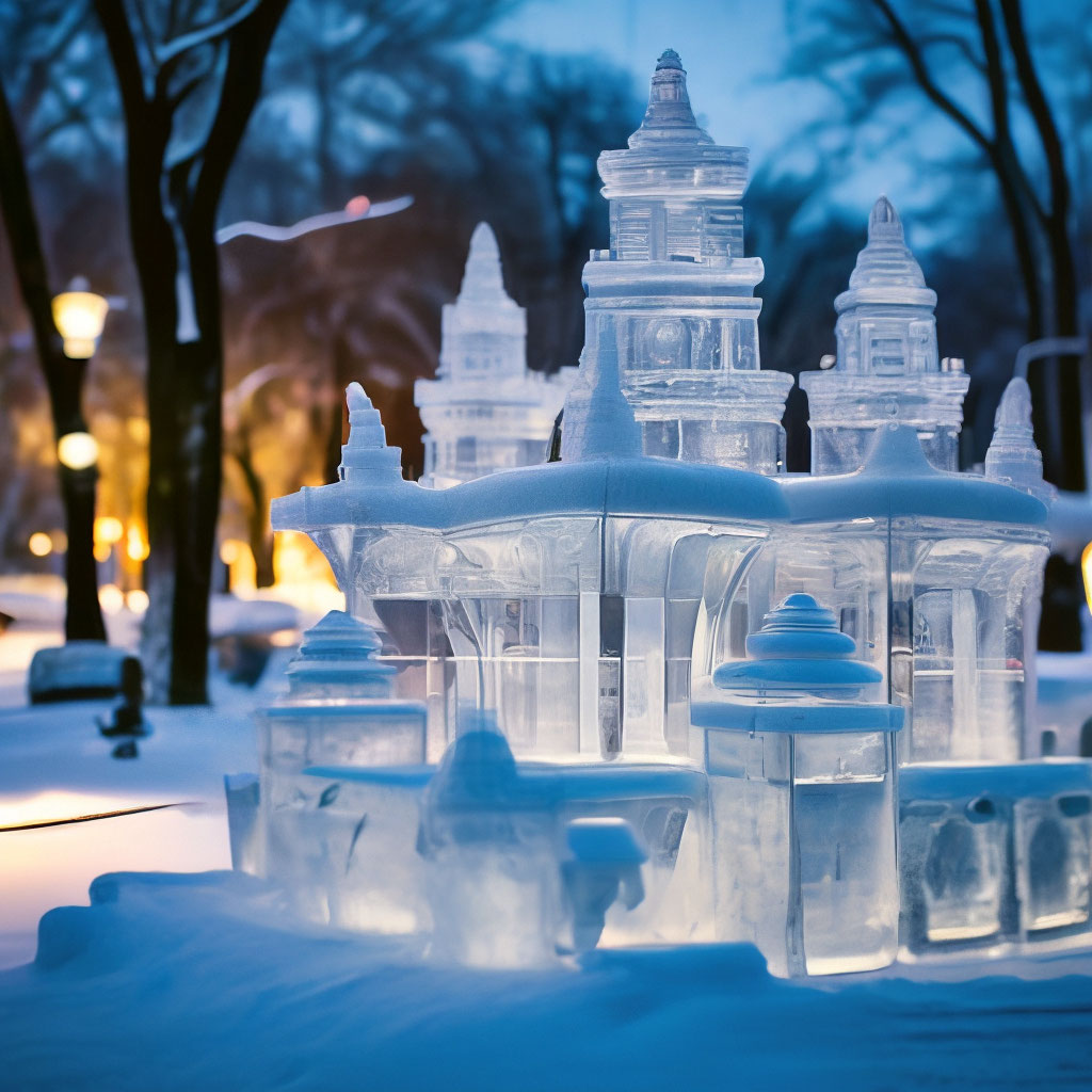"An intricate ice sculpture in the park of a bizarre snow city" — image ...