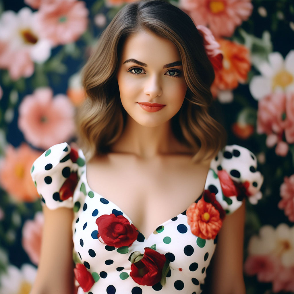 "The girl is beautiful in a polka dot dress with flowers" — image ...