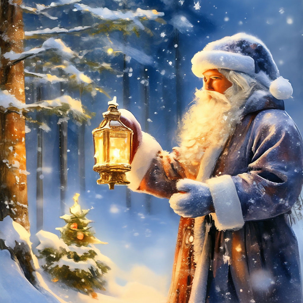 "Magical Santa Claus in the forest in snow mittens lights a lantern ...