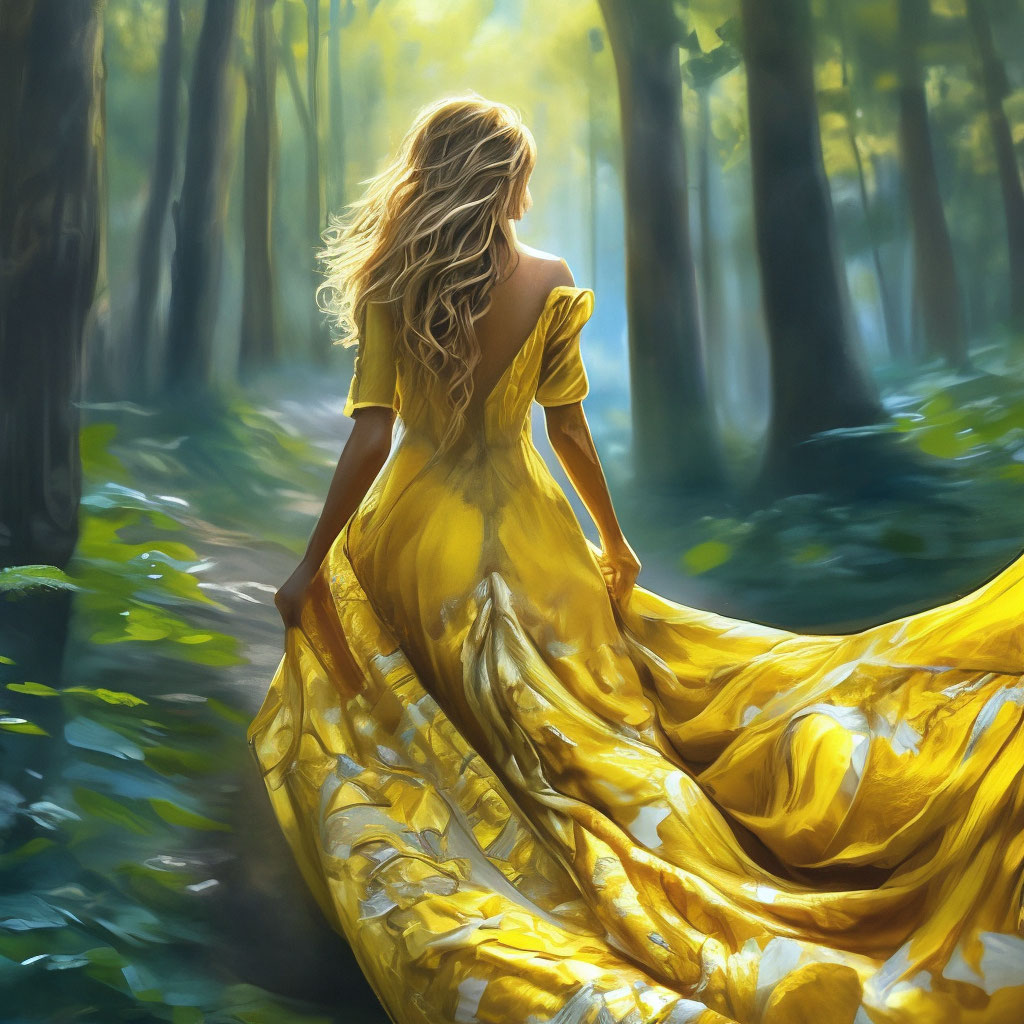 "A girl walks through the forest, a long train of a dress crawls behind ...