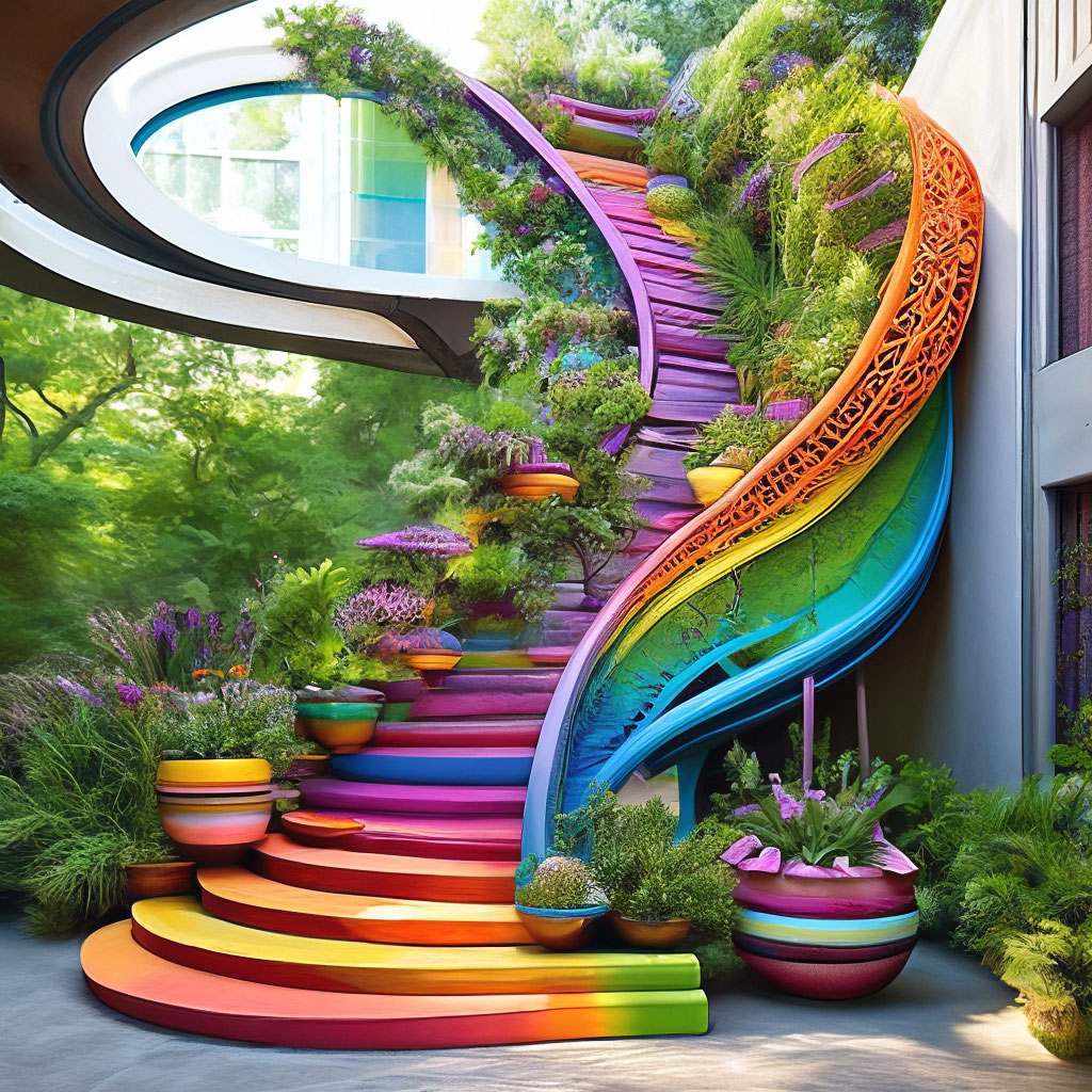 "A large rainbow-colored wooden staircase with potted flowers on it, an ...