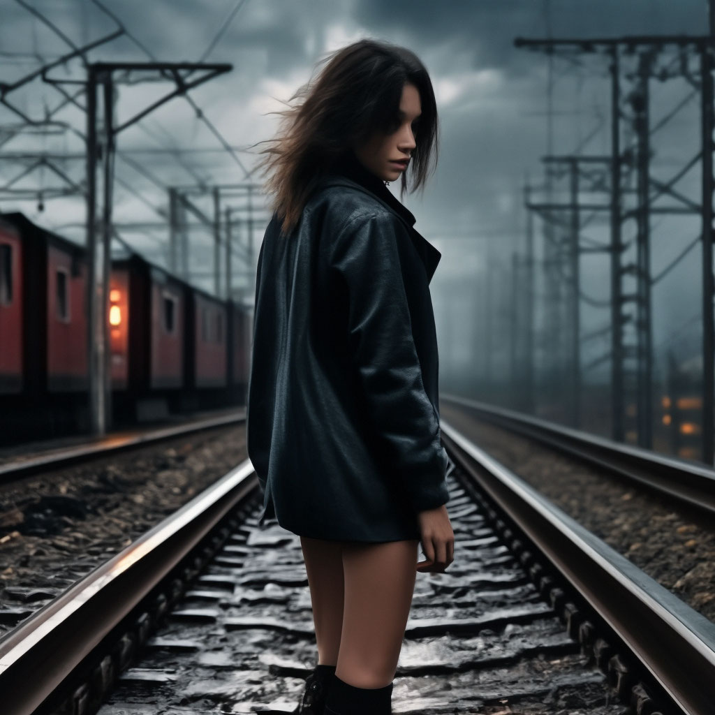 Девушка сидет на железной дороге