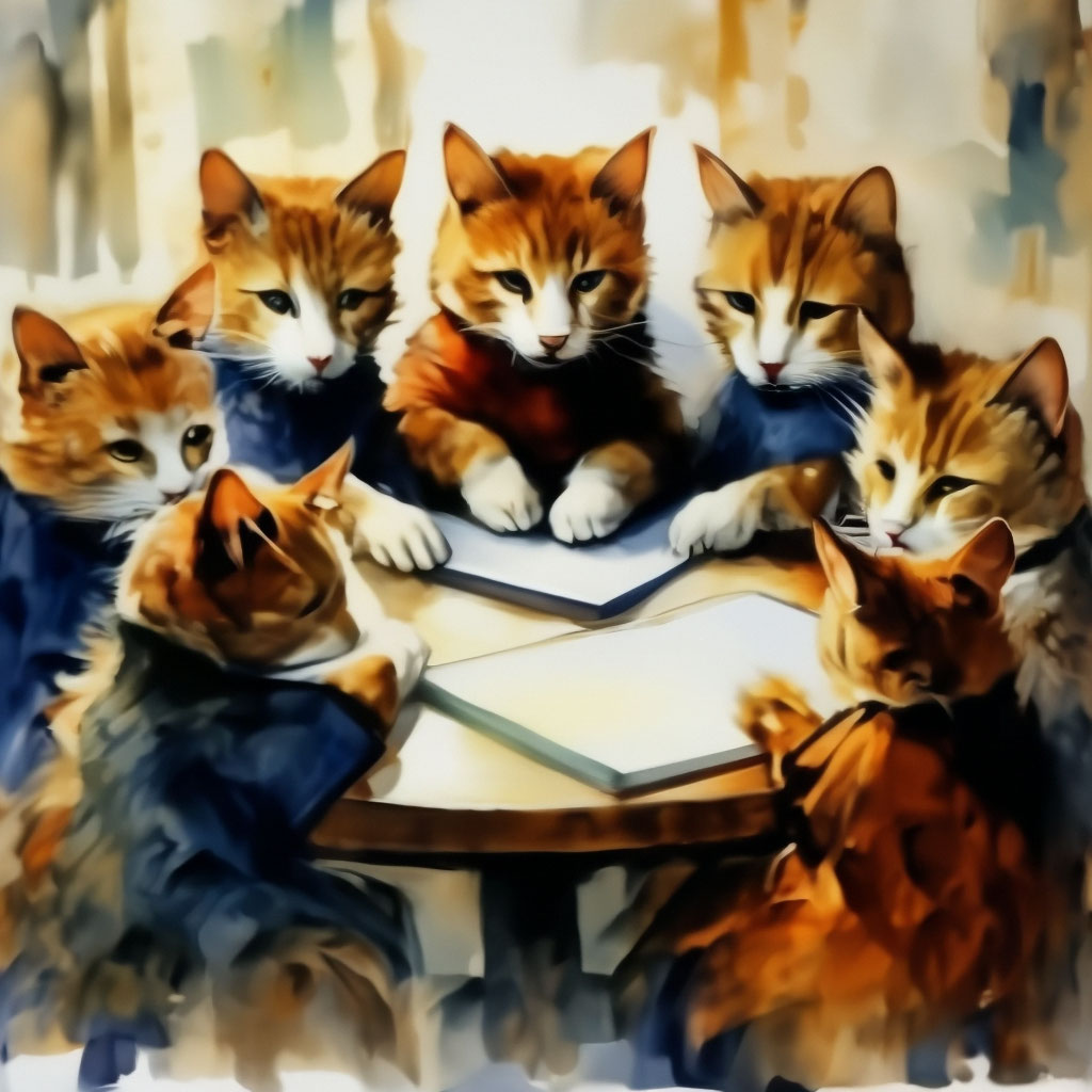"Seven cats at a round table, with notebooks on the table, writing, in ...