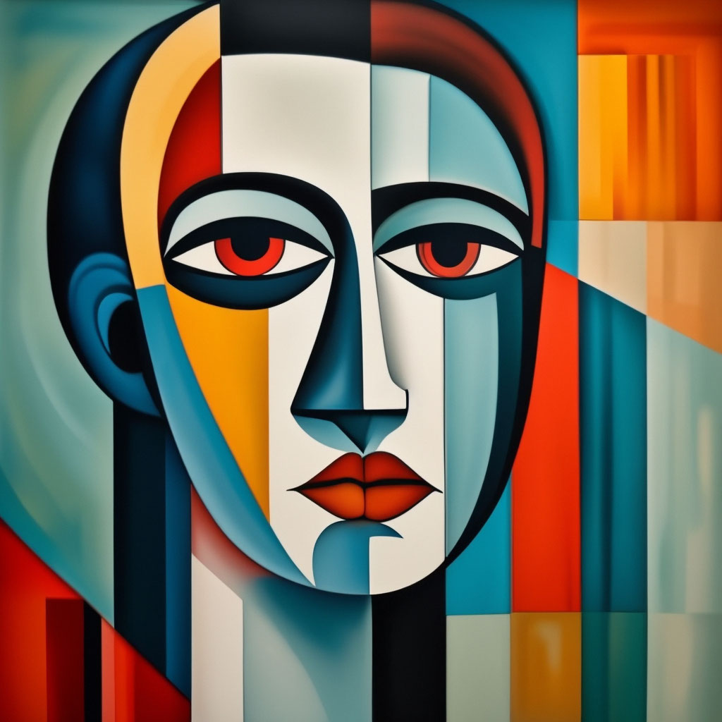 "An abstract portrait incorporating geometric shapes and bold colors ...