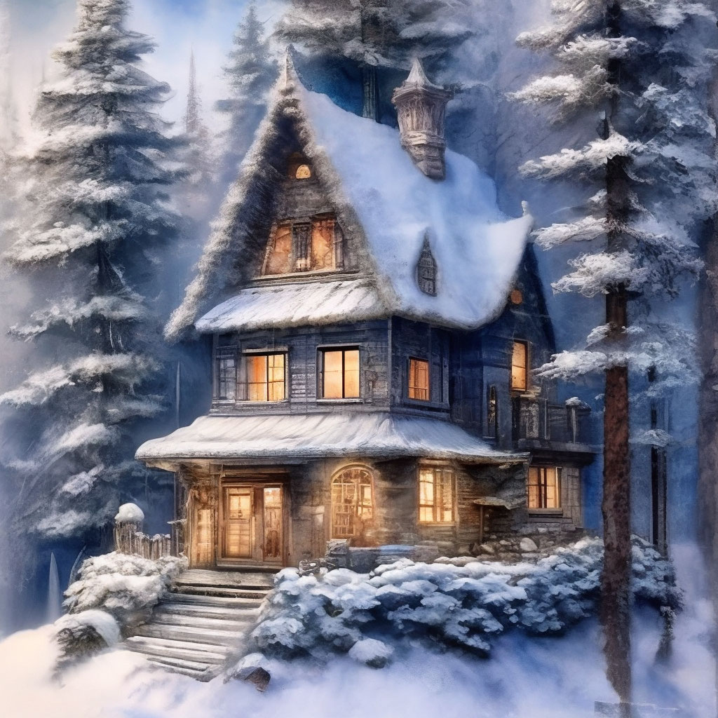 "Winter fairy tale cozy little house on the edge of a pine forest ...