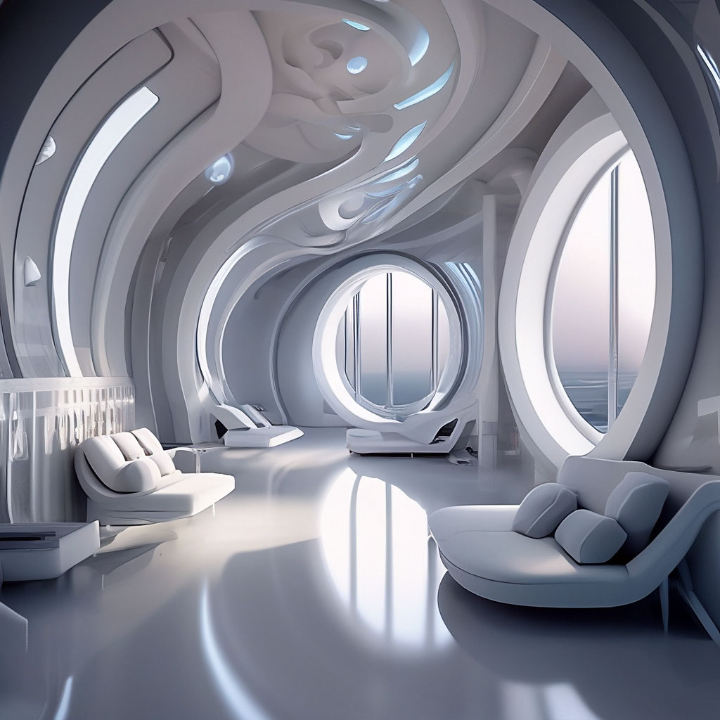 "The interior of a futuristic building in white tones, convolvulus on ...