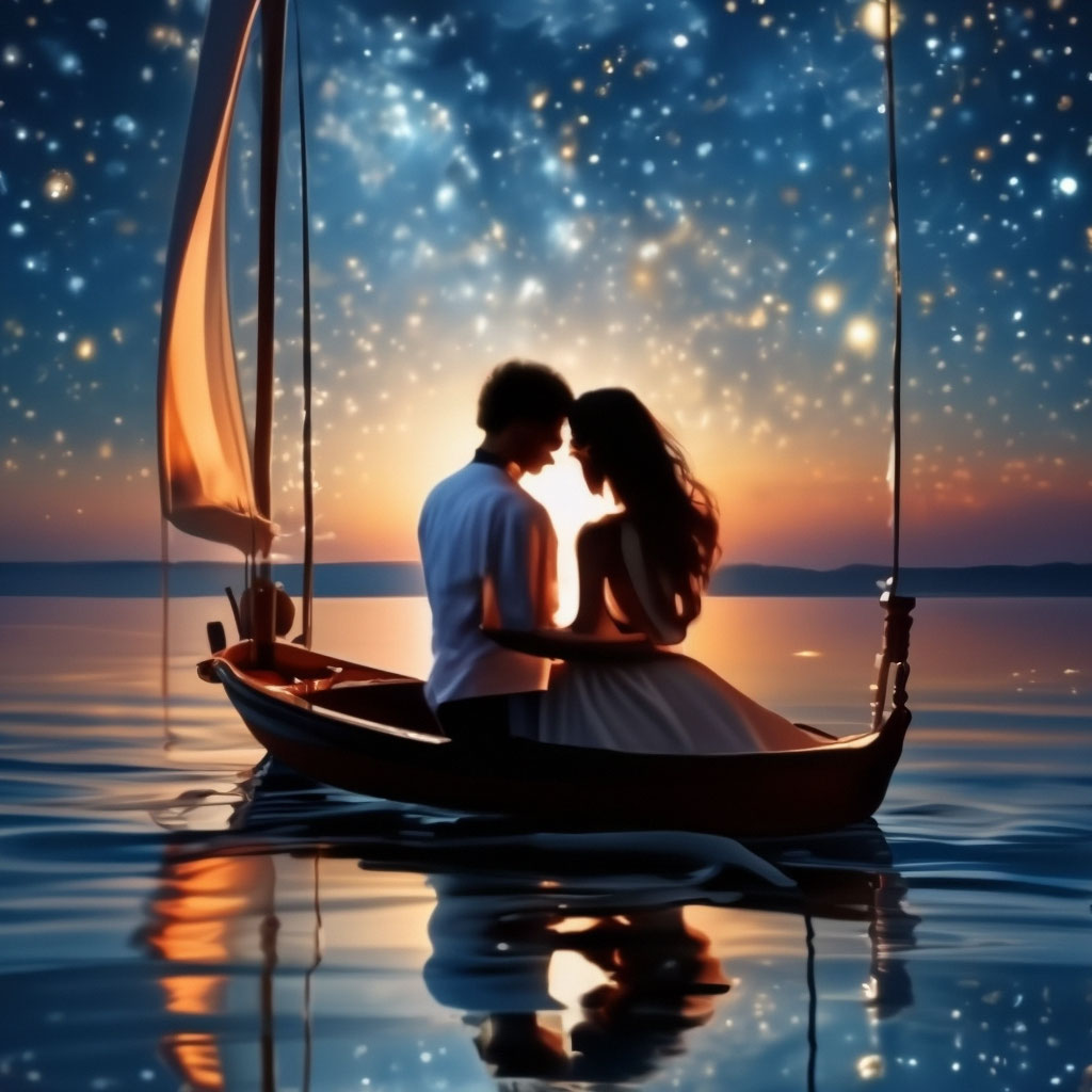 "A couple in love on a yacht in the sea, the night sky, the reflection ...