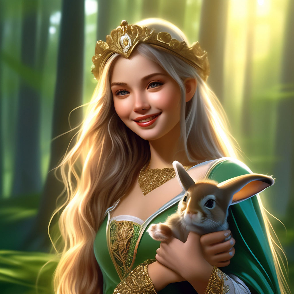 "A beautiful elf girl with long hair with wings, holding a little bunny ...