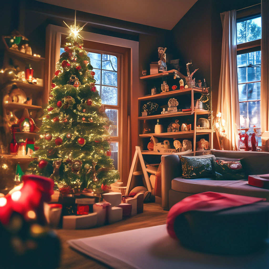 "There is a big Green Christmas Tree in the house dressed up with toys ...