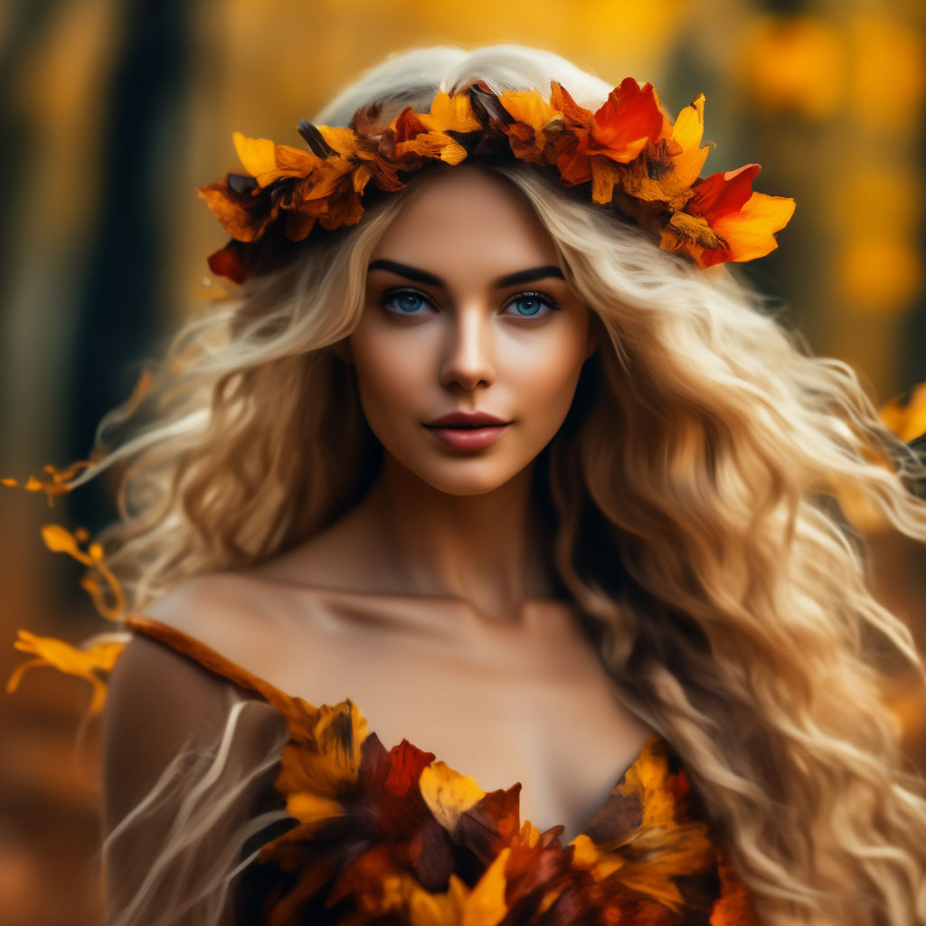 "Anthropomorphic Autumn, beautiful girl in a dress made of leaves with ...