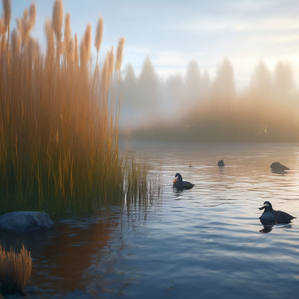 glade on the lake shore, ducks, reeds, fog, dew, lots of details ...