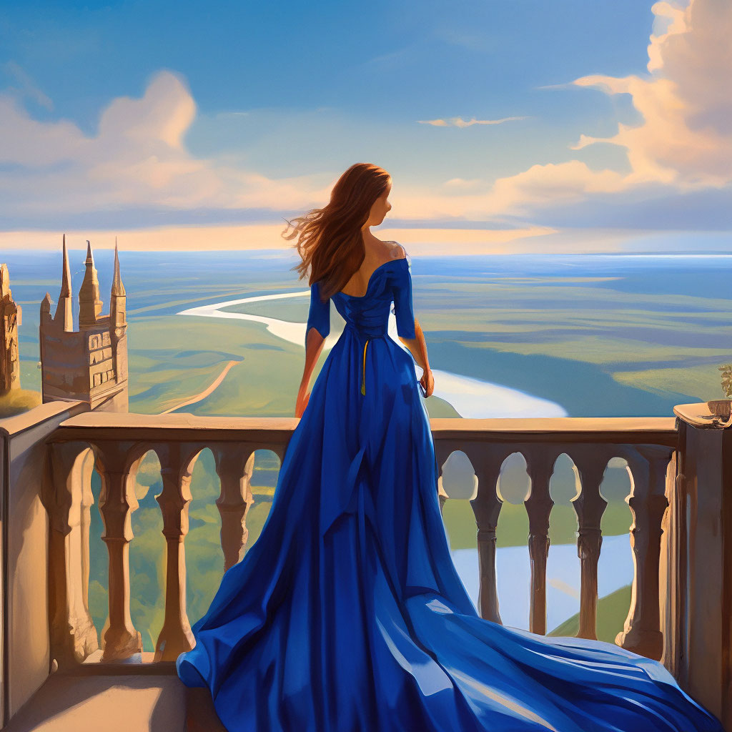 "A woman in a long blue dress standing on the balcony of the castle ...