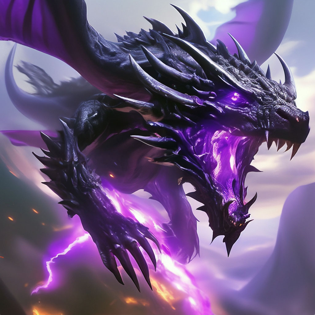"A black dragon with purple eyes flies in the air and spews purple fire ...