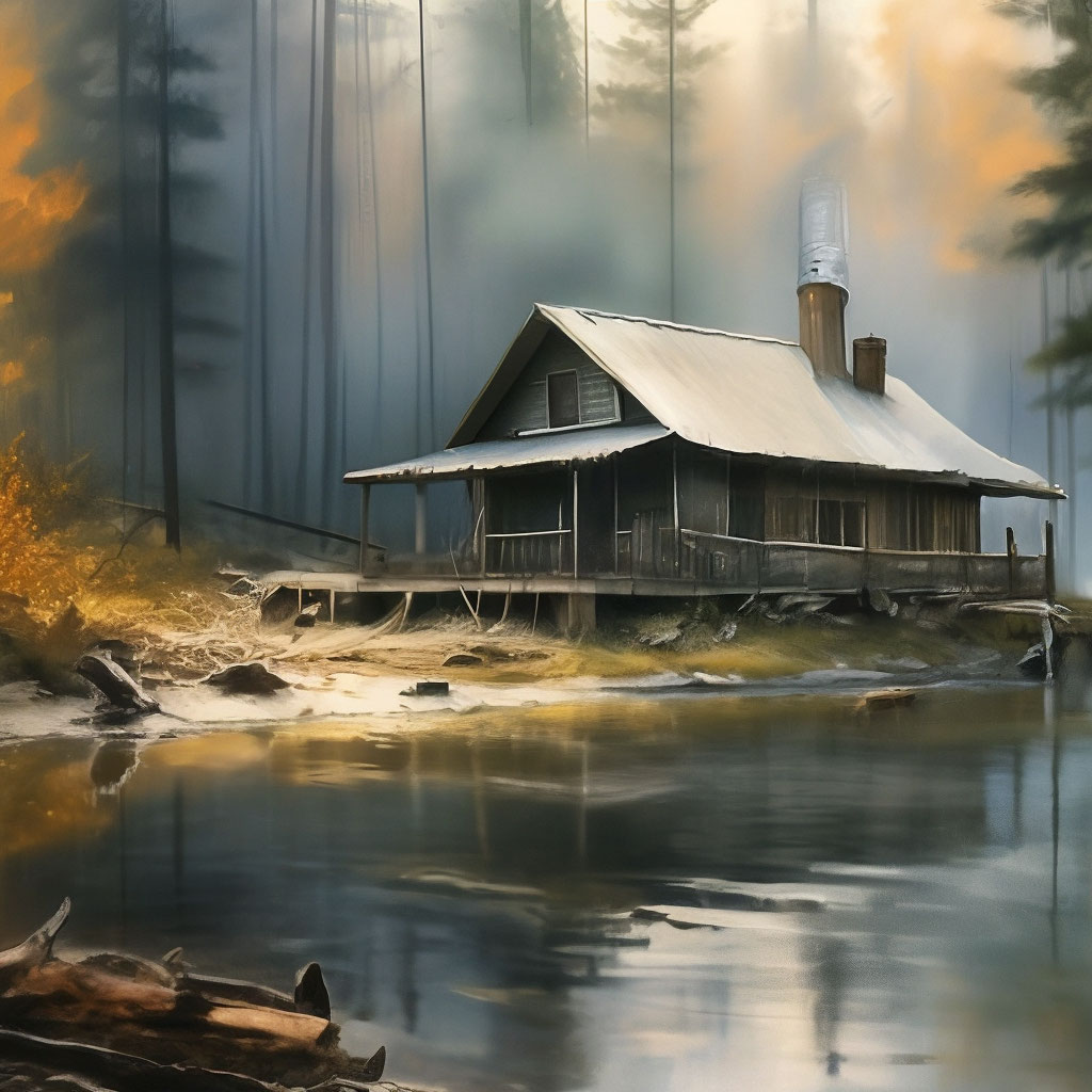 "A small log cabin on the edge of the forest and the shore of a small ...