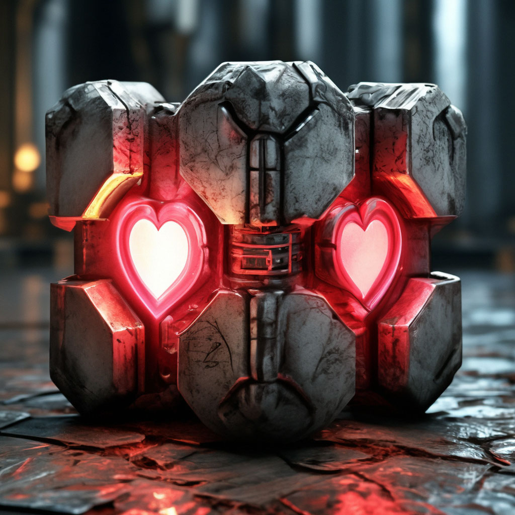 "Companion cube, portal, cube, heart symbol" — image created in Shedevrum