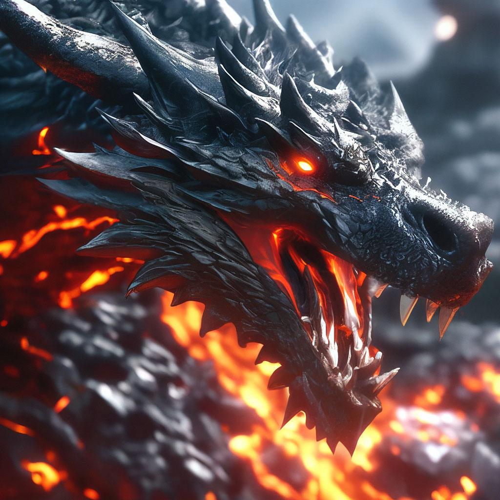 "Hyper realistic obsidian dragon with lava flowing through the cracks ...