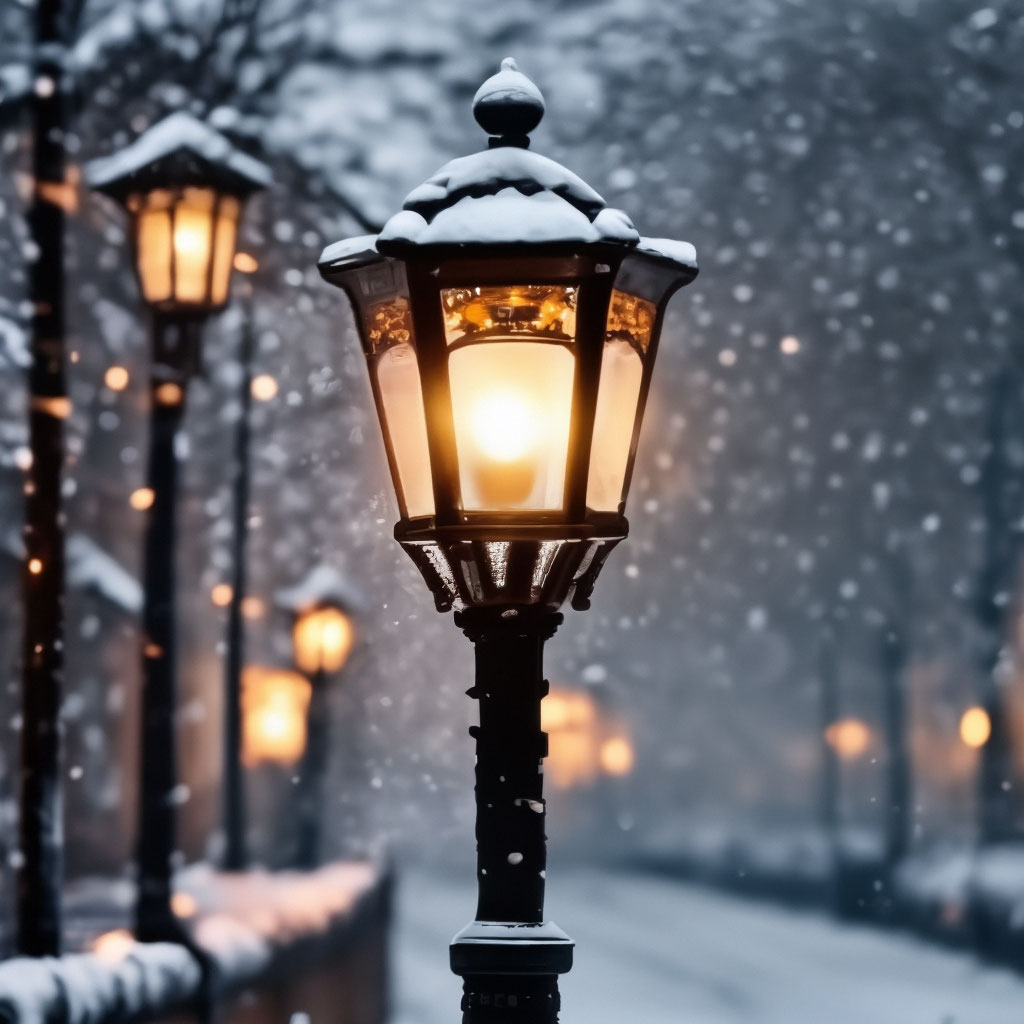 "A beautiful retro street lamp post on a snowy street lights the way,it ...