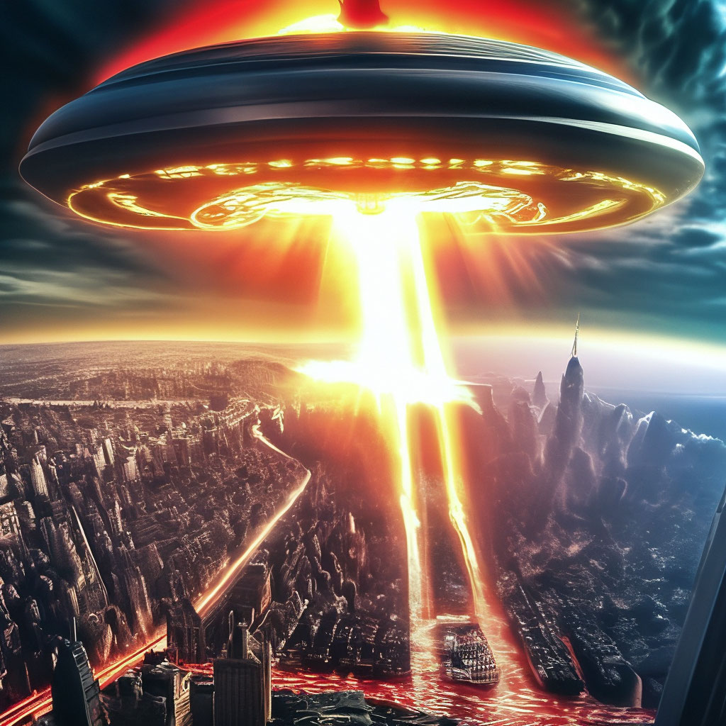 "A laser from a ufo flying saucer destroys the city of New York, a huge ...