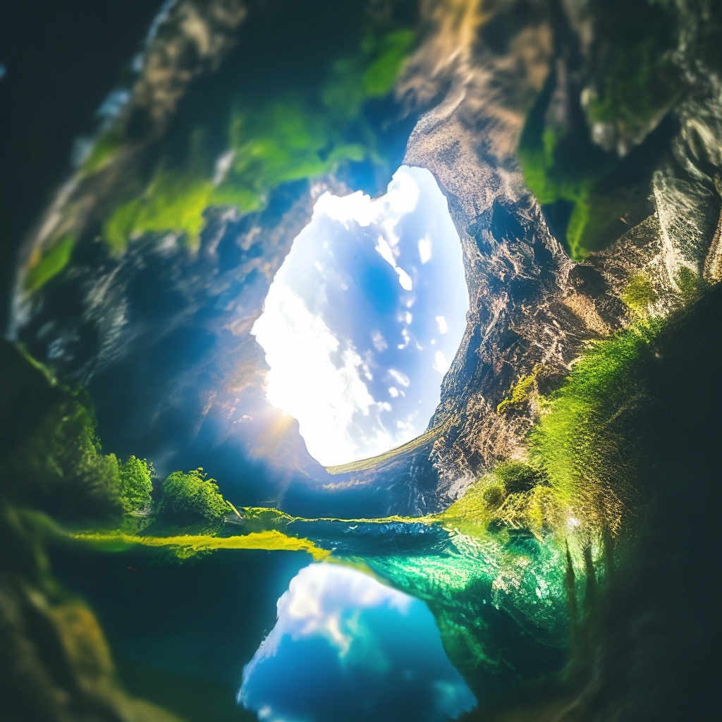 "Sky in a cave + space+ lake+ plants+ top view+ glare+ ISO 50, 128k ...