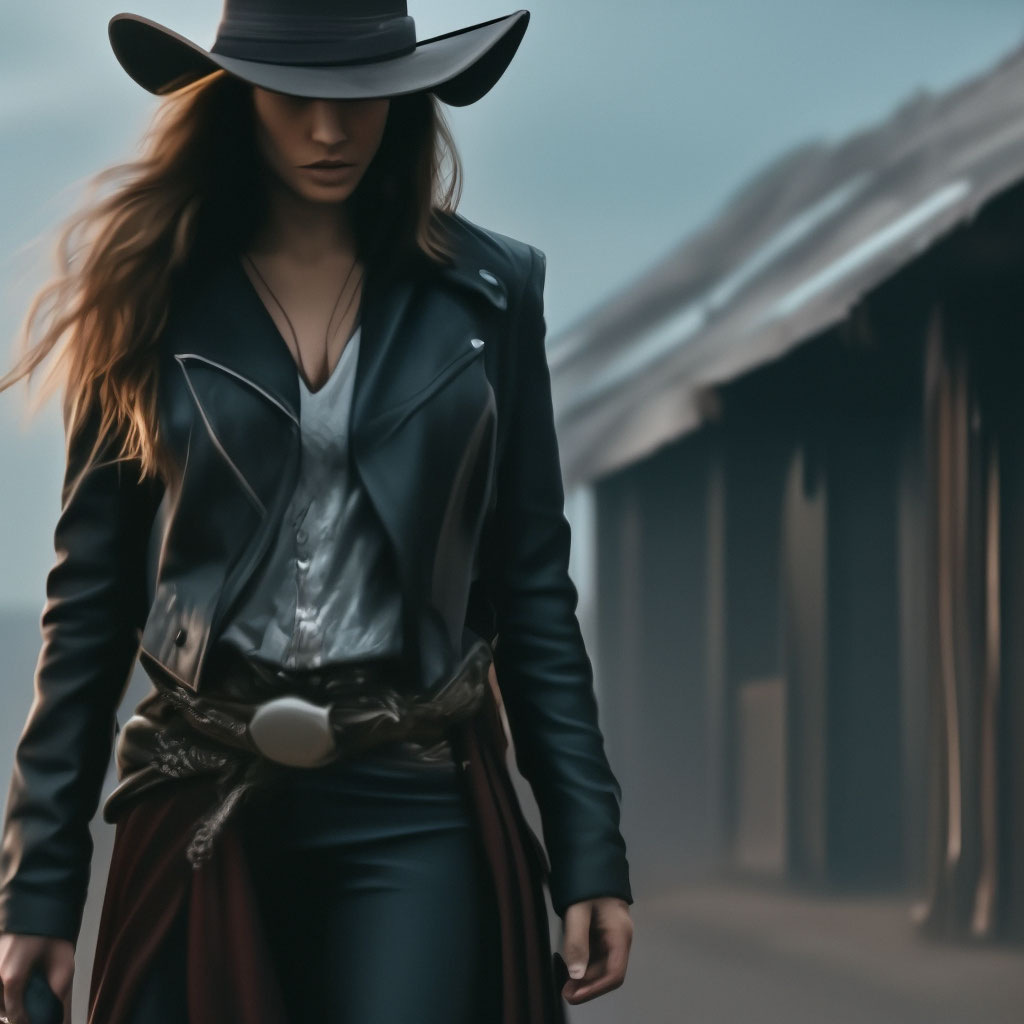 "A female cowboy walks off into the distance, holding a revolver in her ...