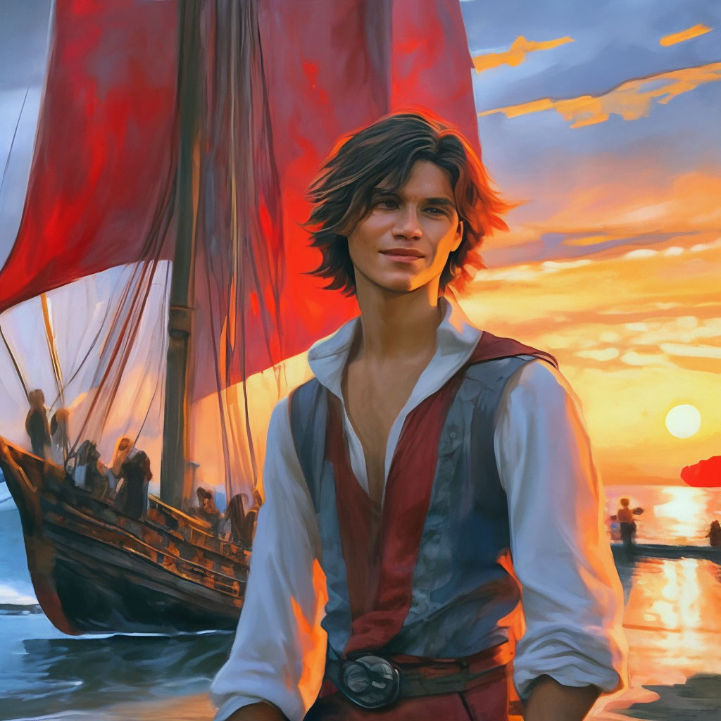 "Assol, young, beautiful, in poor clothes, is standing on the shore. a ...